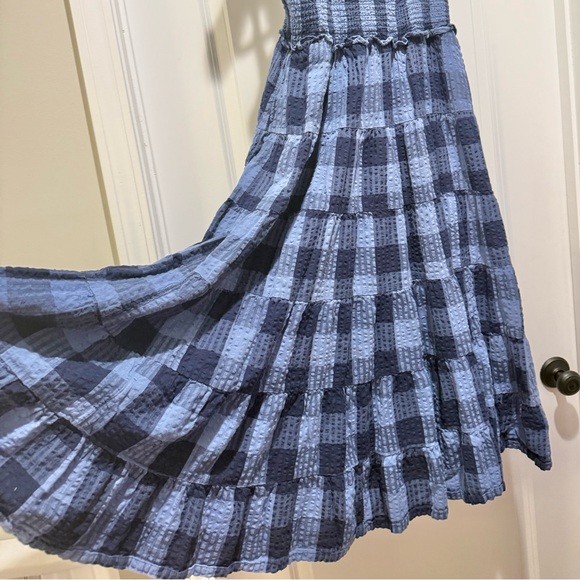 Crown & Ivy Blue Gingham Tiered Maxi Dress Smocked Tie Strap Cottagecore Large - Picture 2 of 4